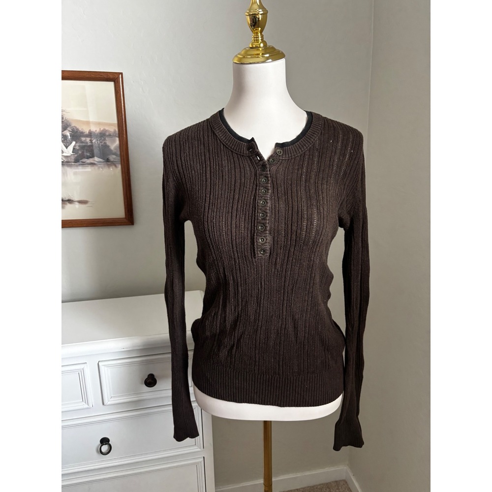 Vintage Henley Top Brown Pointelle Ribbed Sweater Long Sleeve fisherman gorpcore